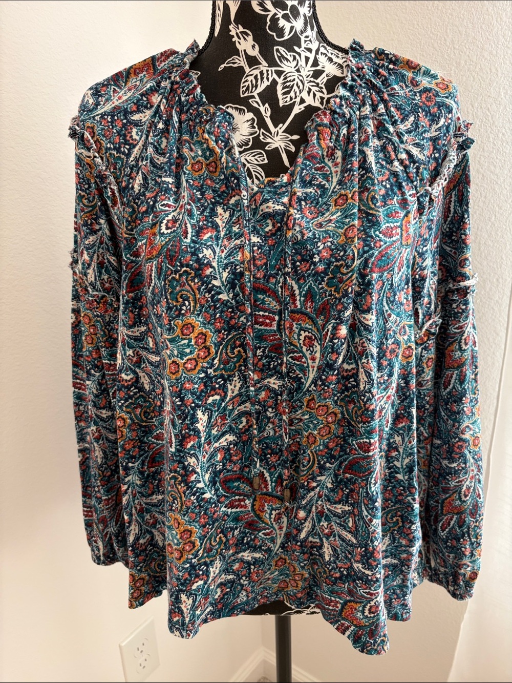 Wonderly CottonTeal Paisley Long Sleeve Blouse with Multicolor Accents